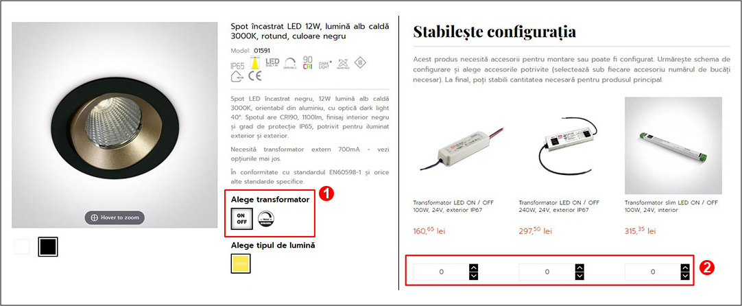 Optiuni selectie transformator LED pagina produs